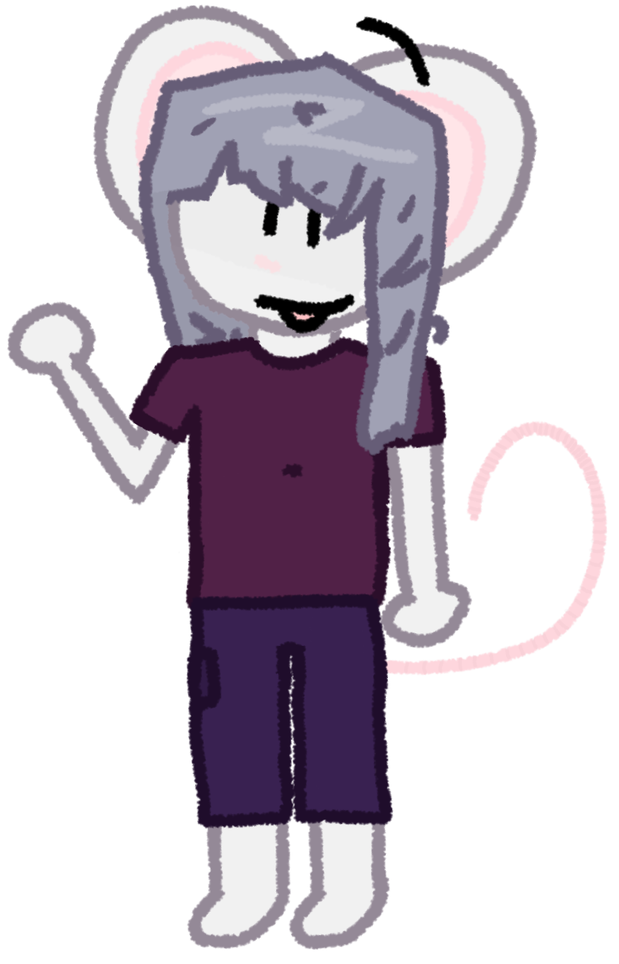 Jay's fursona, a mouse with light gray fur. They have long, messy, bluish-gray hair, a pink tail, two large ears, and a small pink nose. They're wearing a maroon shirt and violet pants. The pants have a single pocket on its right. They're waving with their right hand, standing, and slightly sticking out their tongue.